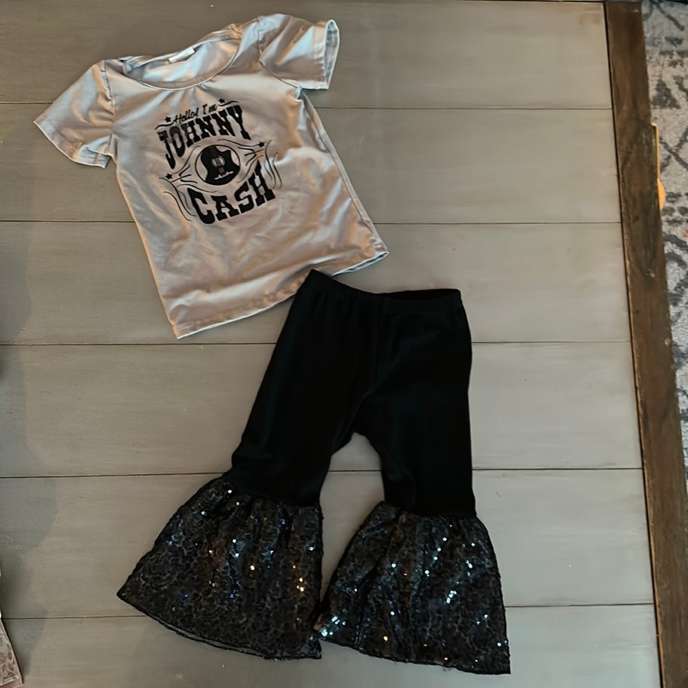 Johnny Cash T Shirt and Black Sequin Bell Bottoms